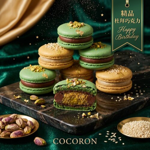 COCORON 精品杜拜巧克力與塔希尼金芝麻雙拼馬卡龍 6入禮盒
