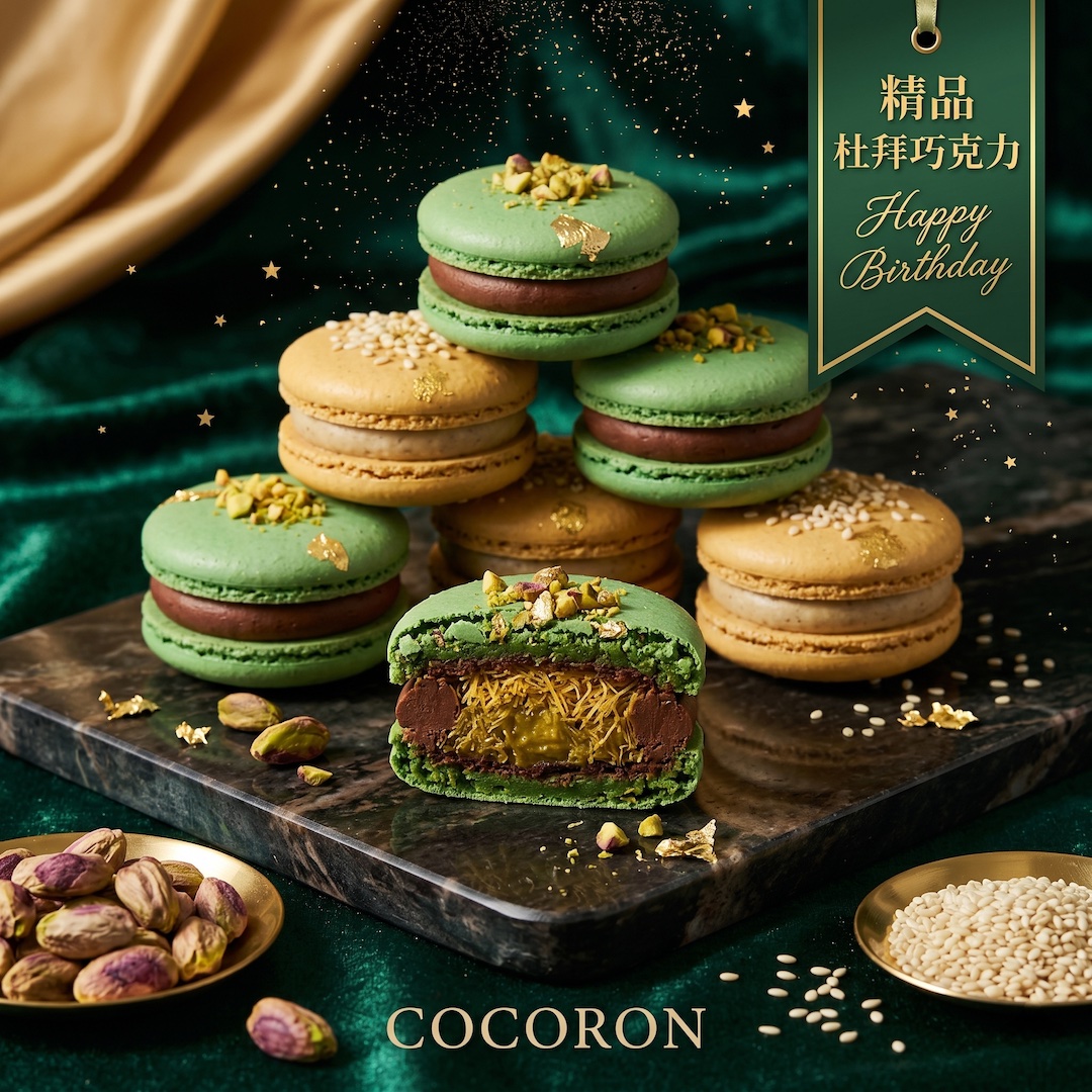 COCORON 精品杜拜巧克力與塔希尼金芝麻雙拼馬卡龍 6入禮盒